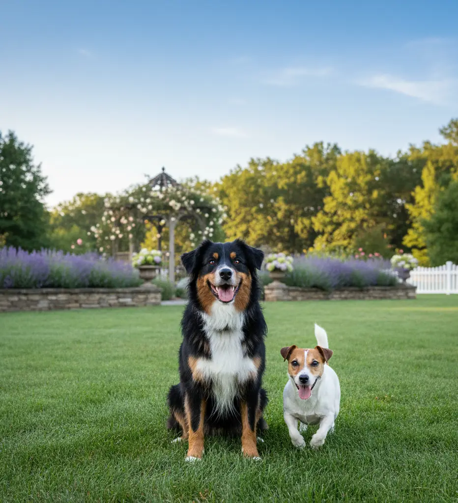 two happy dogs in a clean lawn